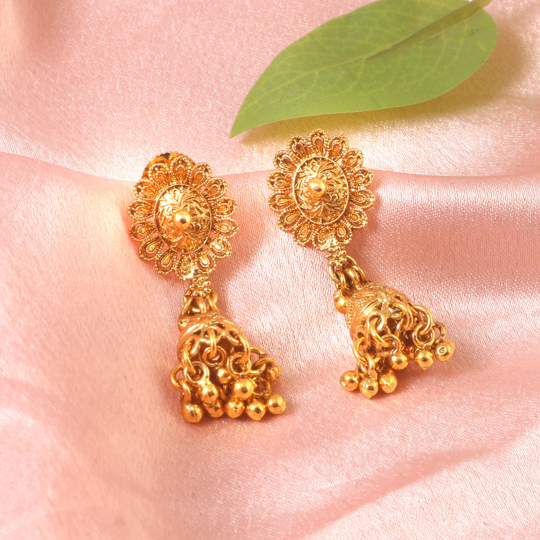Exquisite Antique Gold-Plated Long Mala Necklace Set with Pink Accents and Jhumks