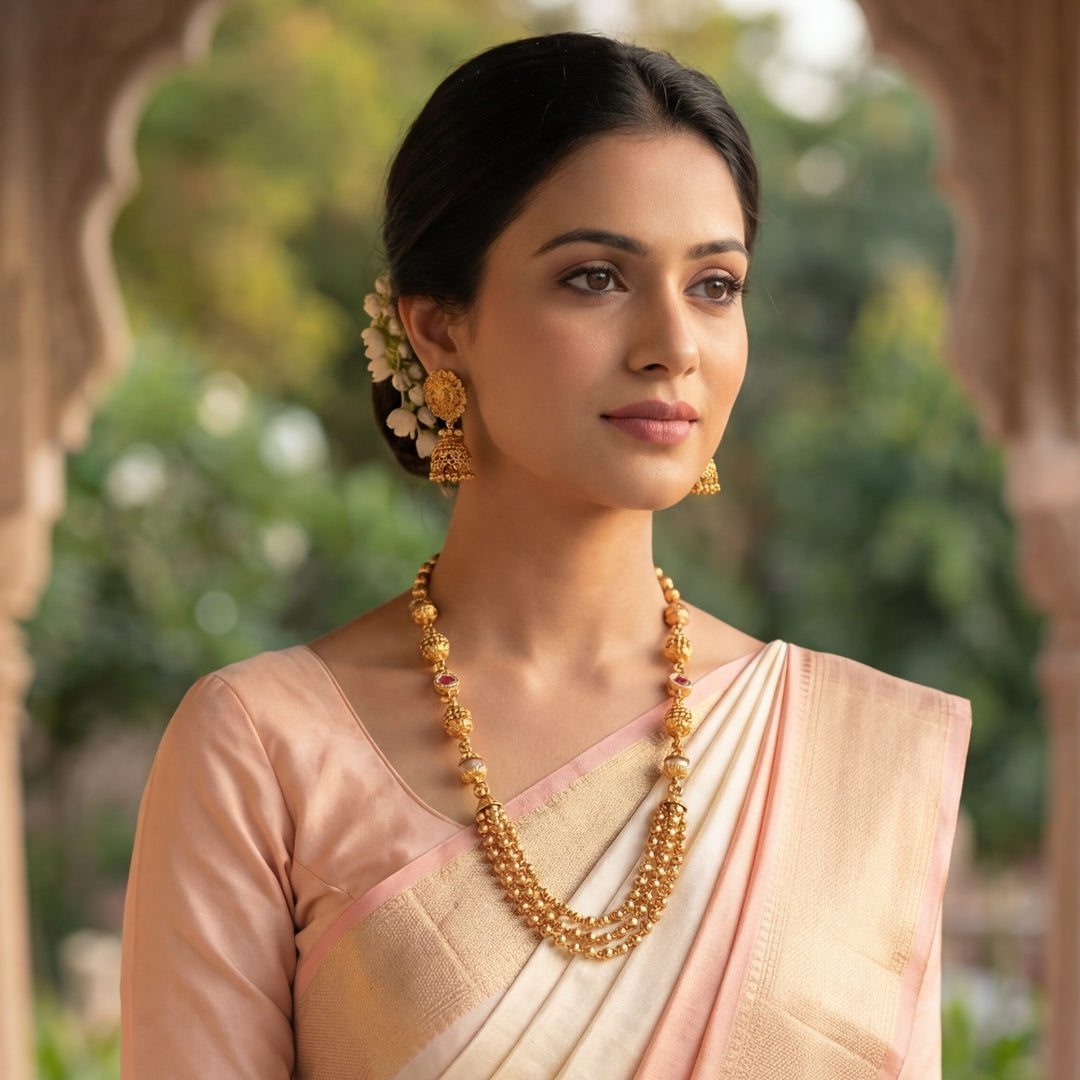 Exquisite Antique Gold-Plated Long Mala Necklace Set with Pink Accents and Jhumks
