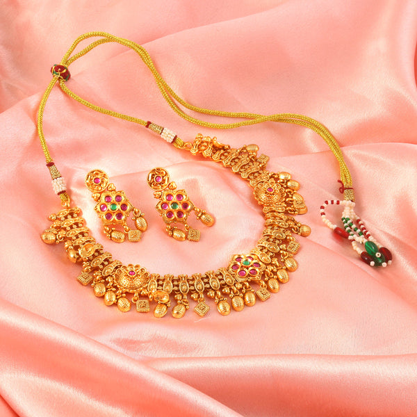 Gold Plated Stone Studded & Beads Jewellery Set