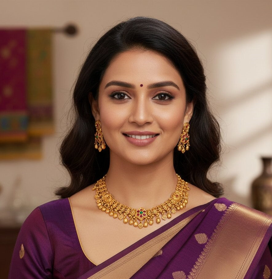 Gold Plated Stone Studded & Beads Jewellery Set