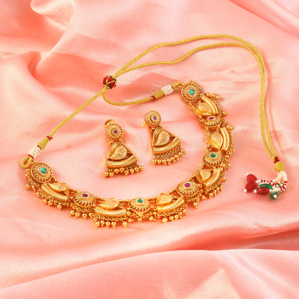 Women Gold-Plated Ruby Red and Emrald Dark Green Stone-Studded Traditional Jewellery Set