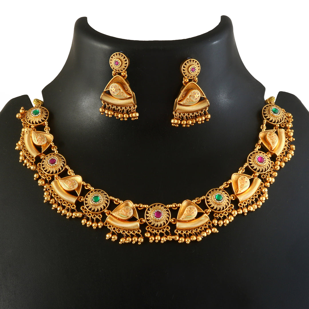 Women Gold-Plated Ruby Red and Emrald Dark Green Stone-Studded Traditional Jewellery Set