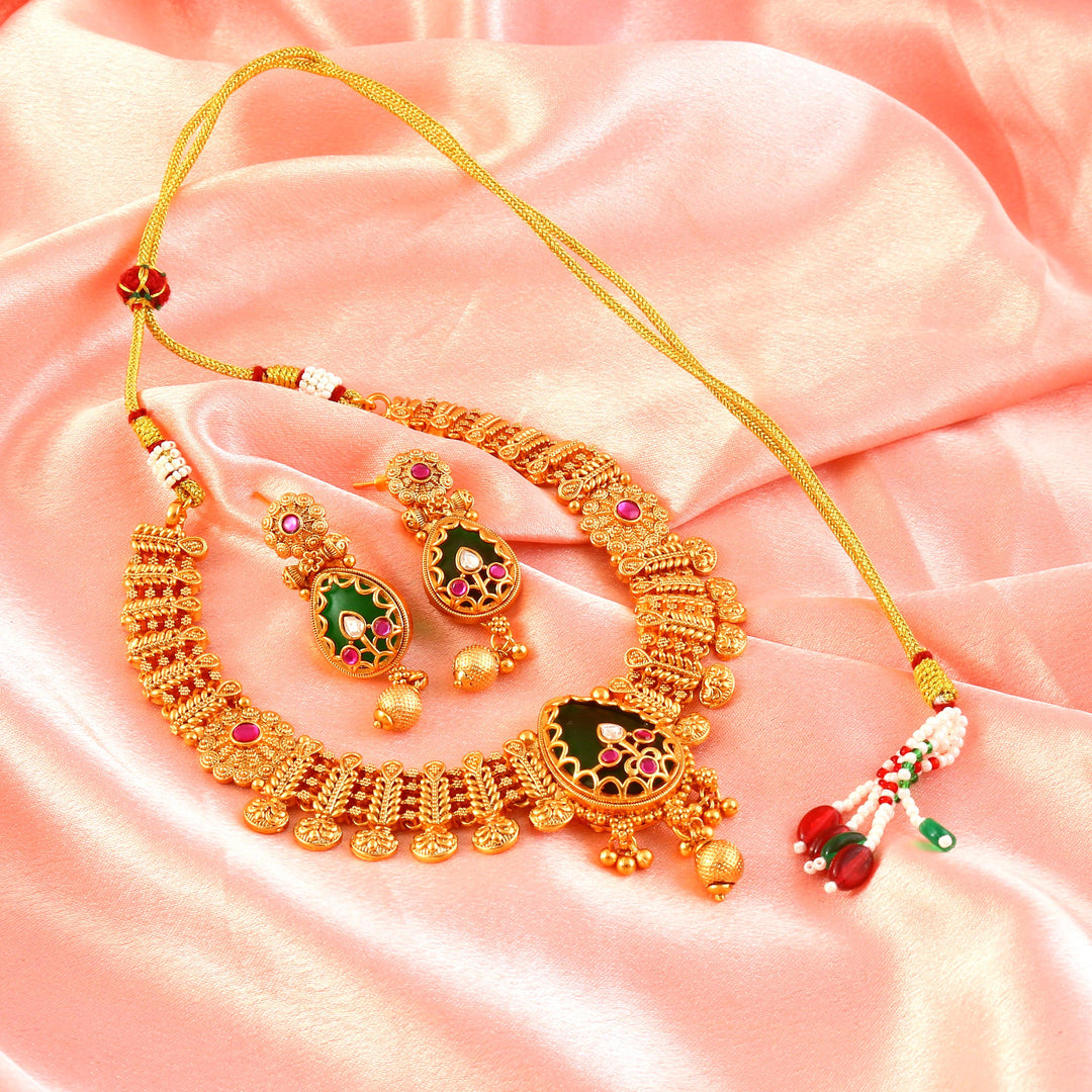 Gold-Tilted Heritage Ethnic Choker Necklace Set with Emrald Dark Green and Ruby Red Sones