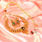 Load image into Gallery viewer, Gold-Tilted Heritage Ethnic Choker Necklace Set with Emrald Dark Green and Ruby Red Sones
