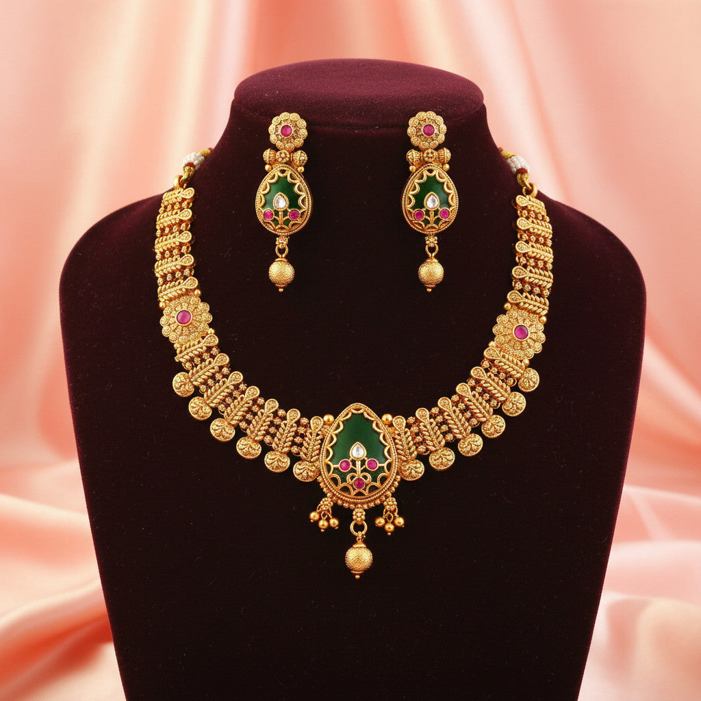 Gold-Tilted Heritage Ethnic Choker Necklace Set with Emrald Dark Green and Ruby Red Sones