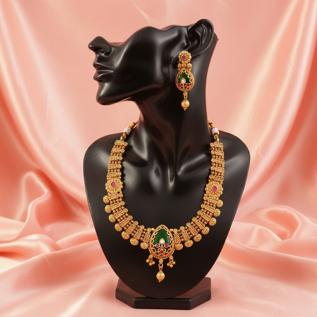 Gold-Tilted Heritage Ethnic Choker Necklace Set with Emrald Dark Green and Ruby Red Sones