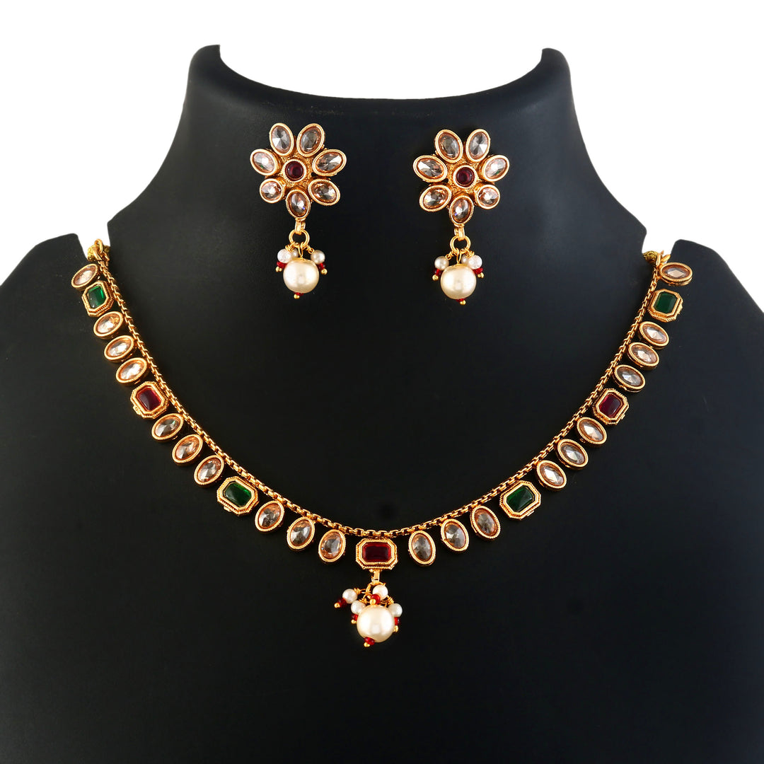 Gold-Toned Multicolour Stone Choker Necklace Set with Earrings