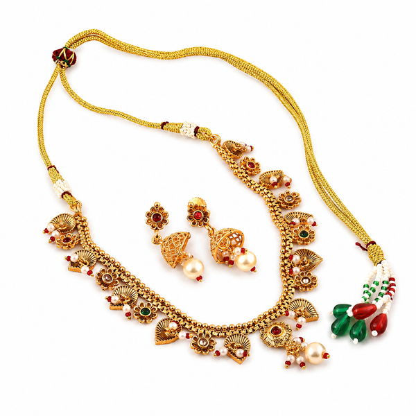 Gold-Toned Multicolour Stone Choker Necklace Set with Earrings