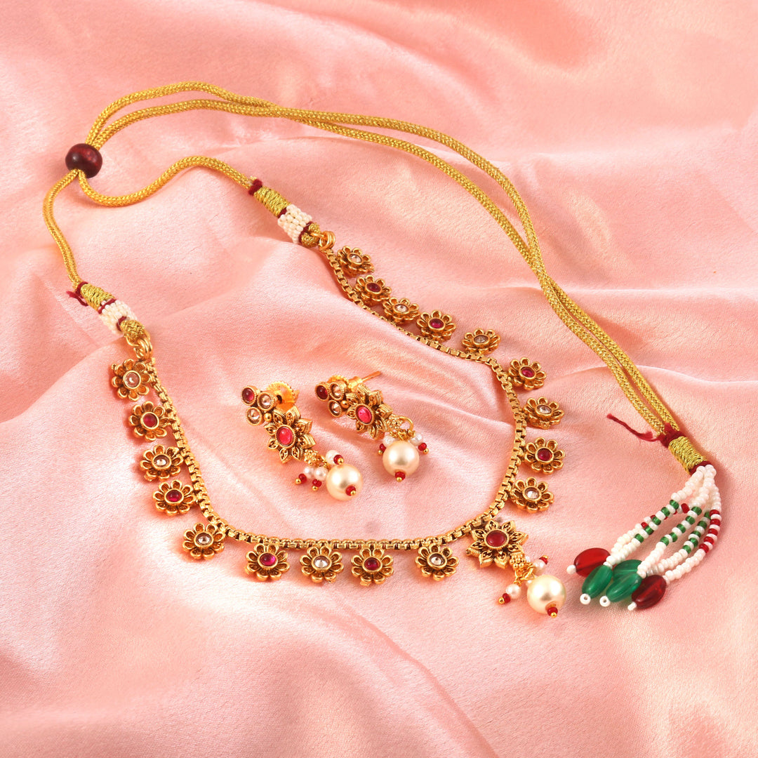 Gold-Toned Multicolour Stone Choker Necklace Set with Earrings