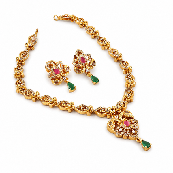 Gold-Toned Multicolour Stone Choker Necklace Set with Earrings
