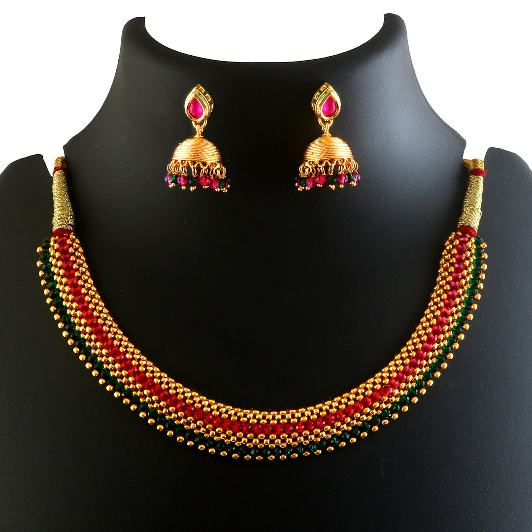 Traditional Gold-Toned Bead & Stone Choker Necklace Set with Jhumkas