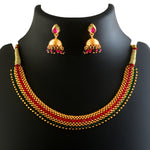 Load image into Gallery viewer, Traditional Gold-Toned Bead &amp; Stone Choker Necklace Set with Jhumkas
