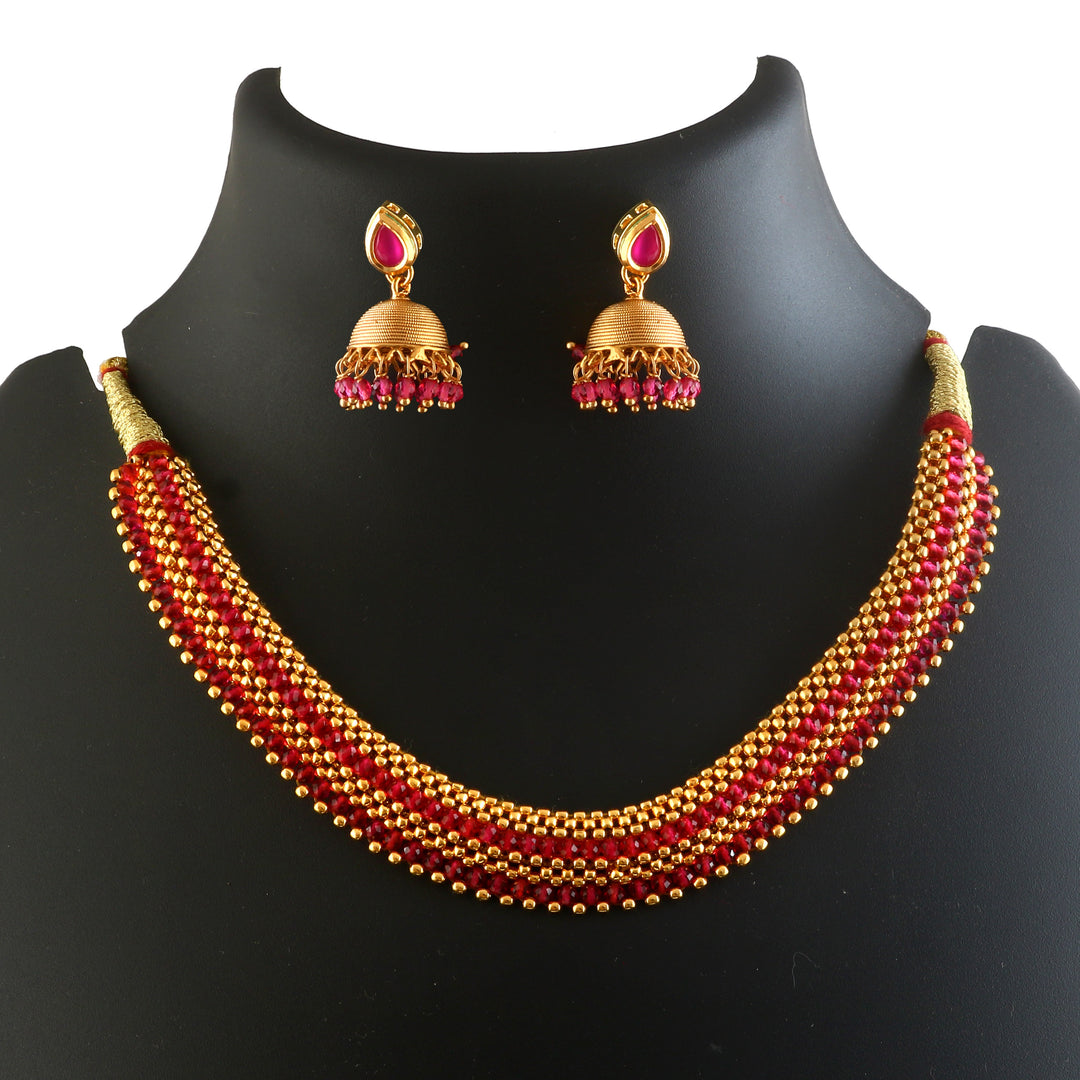 Traditional Gold-Toned Bead & Stone Choker Necklace Set with Jhumkas