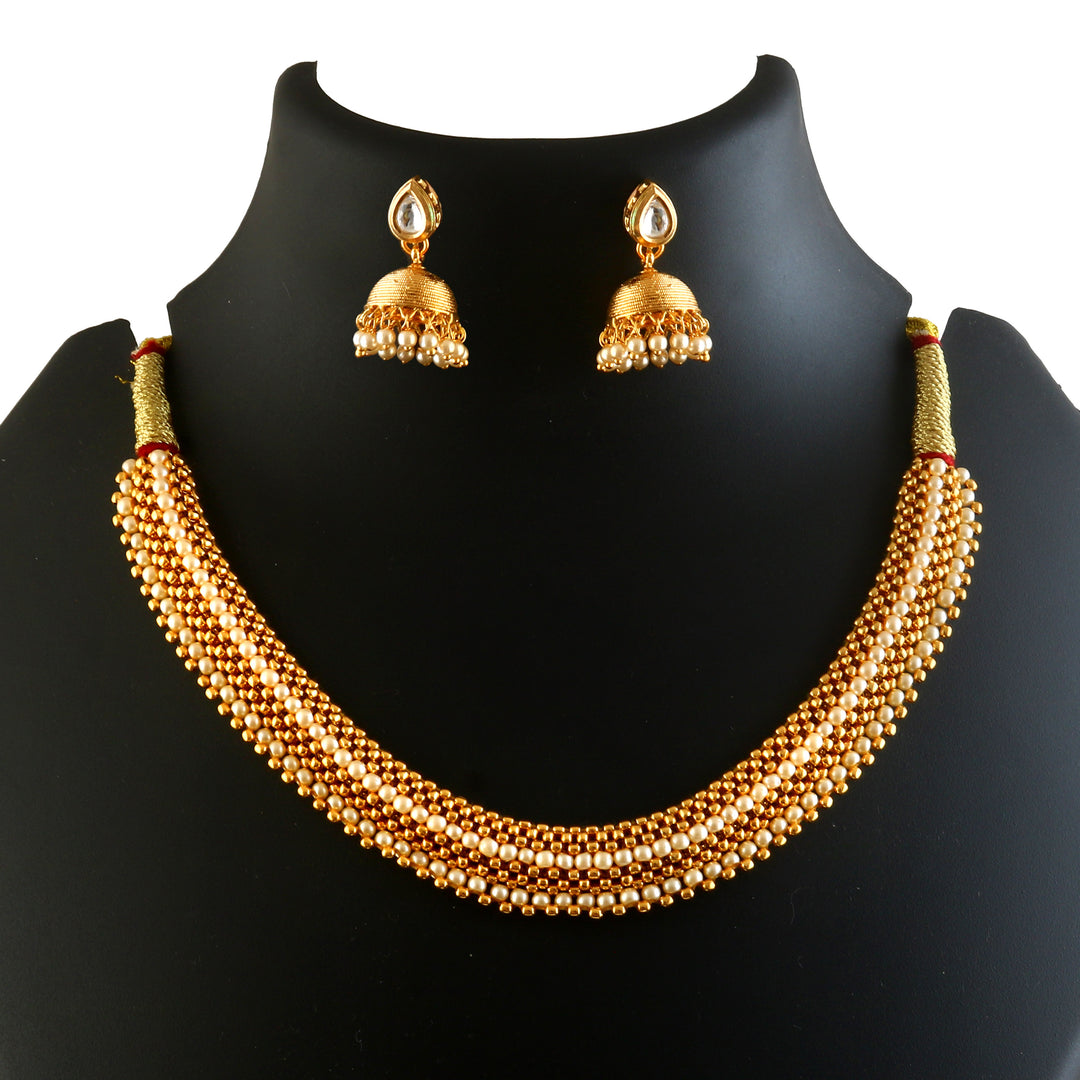 Traditional Gold-Toned Bead & Stone Choker Necklace Set with Jhumkas