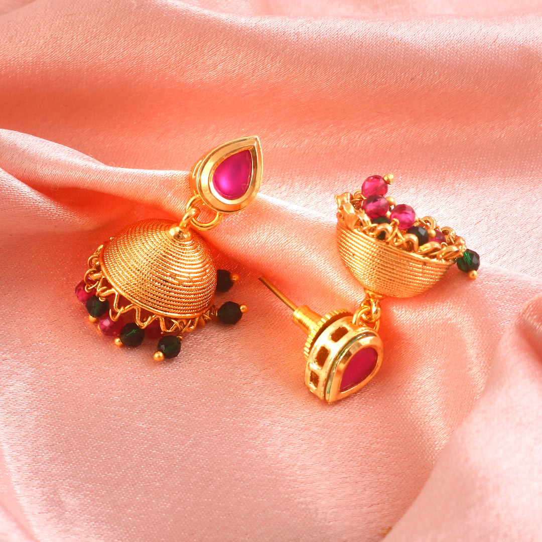 Traditional Gold-Toned Bead & Stone Choker Necklace Set with Jhumkas