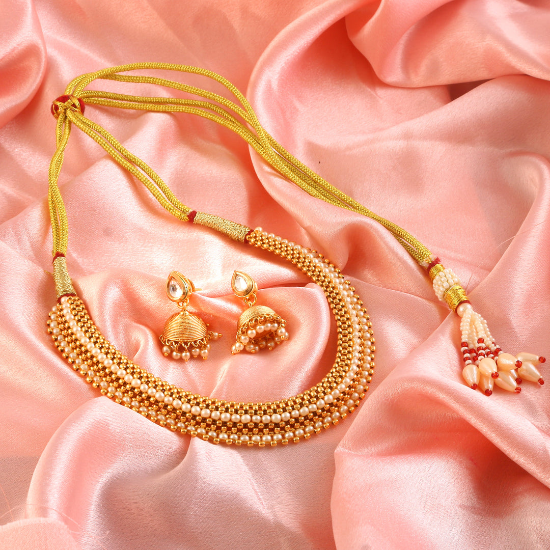 Traditional Gold-Toned Bead & Stone Choker Necklace Set with Jhumkas