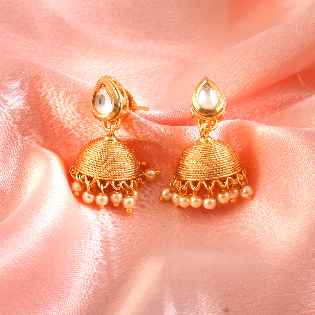 Traditional Gold-Toned Bead & Stone Choker Necklace Set with Jhumkas