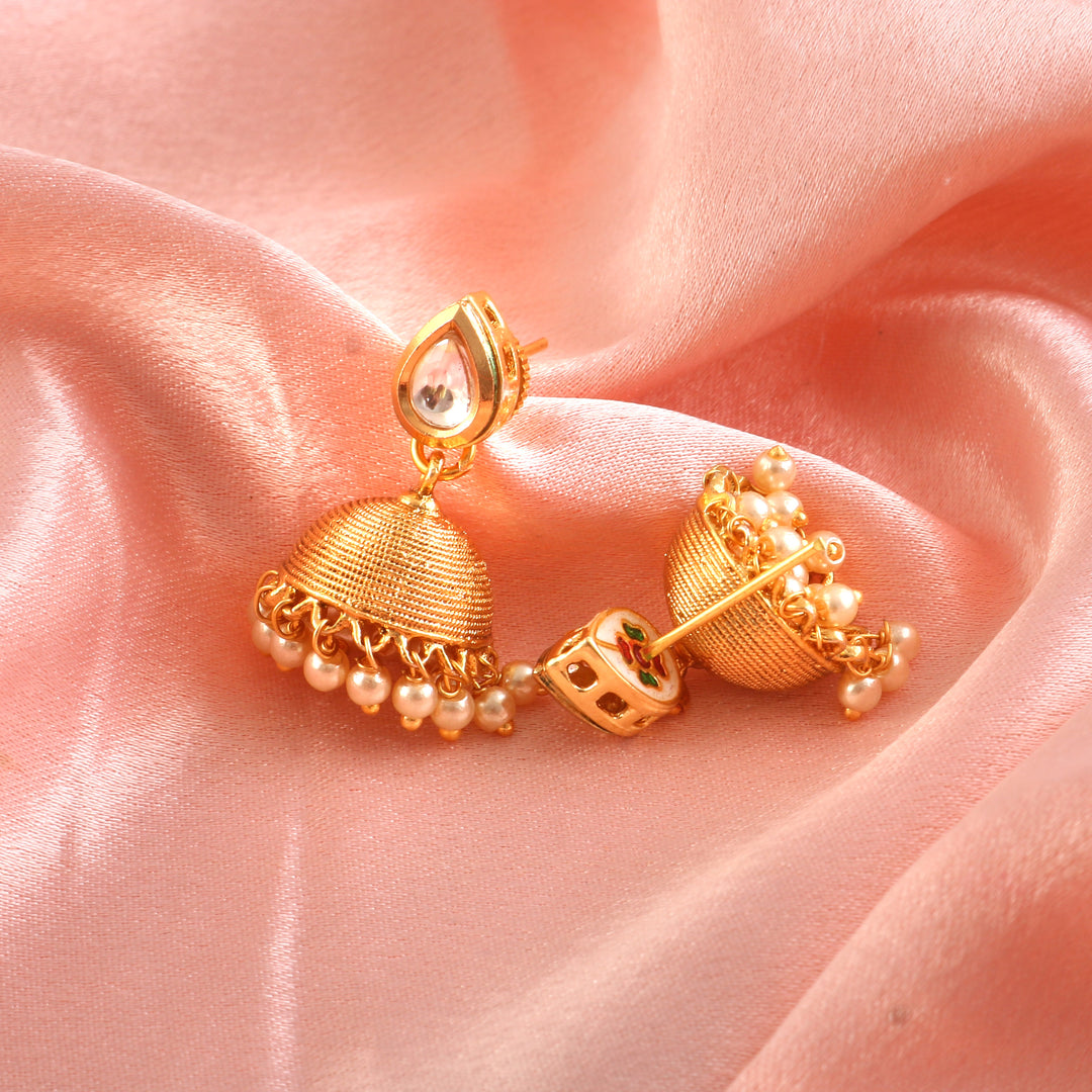 Traditional Gold-Toned Bead & Stone Choker Necklace Set with Jhumkas