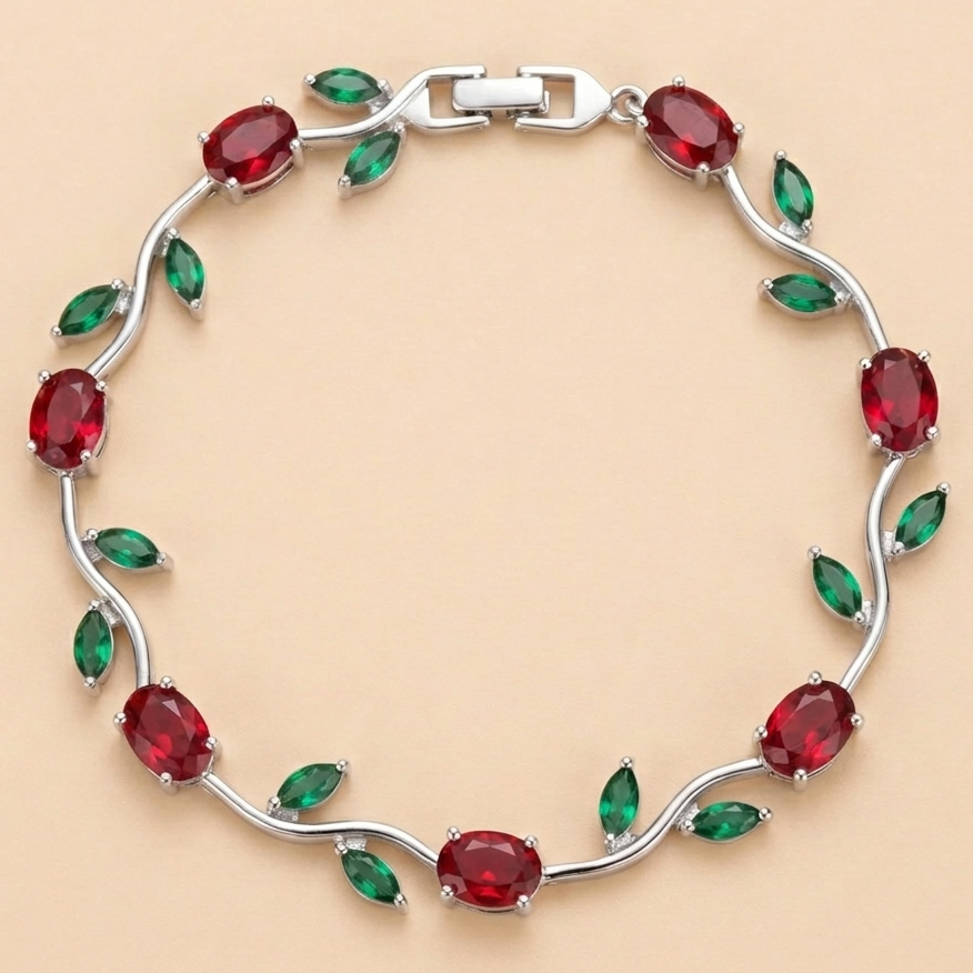 Crystal Floral Tulip Bracelet with Ruby Red & Emerald Green Stones