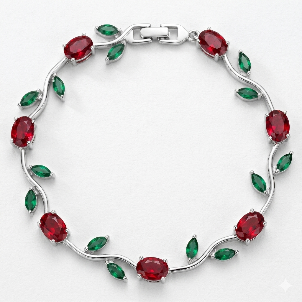 Crystal Floral Tulip Bracelet with Ruby Red & Emerald Green Stones