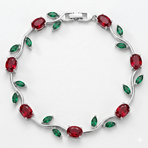 Crystal Floral Tulip Bracelet with Ruby Red & Emerald Green Stones