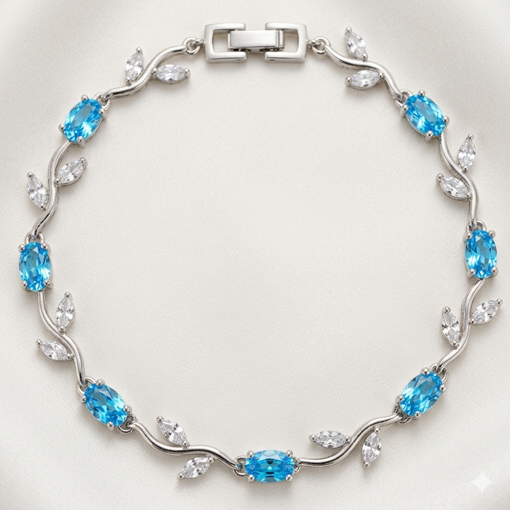 18k Gold Plated Floral Vine Tulip Bracelet with Aquamarine Blue & White Crystals
