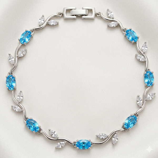 18k Gold Plated Floral Vine Tulip Bracelet with Aquamarine Blue & White Crystals