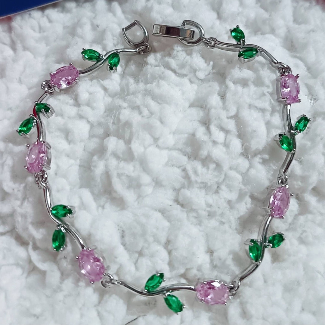 Baby Pink & Green Crystal Floral Vine Tulip Bracelet
