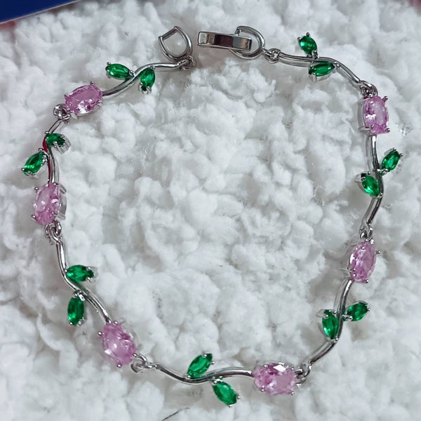 Baby Pink & Green Crystal Floral Vine Tulip Bracelet