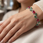 Load image into Gallery viewer, Crystal Floral Tulip Bracelet with Ruby Red &amp; Emerald Green Stones

