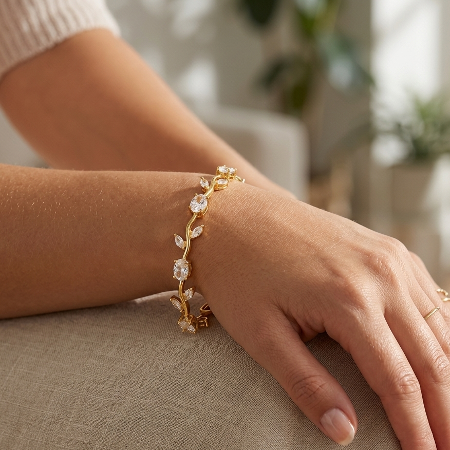 Gold-Toned Leaf & Vine Floral Tulip Bracelet