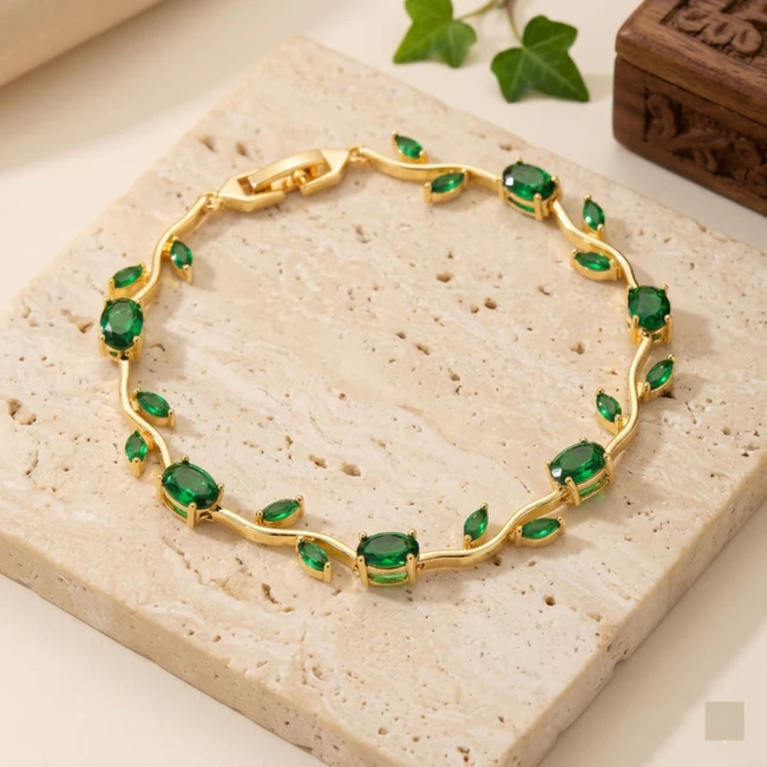 Gold-Toned Emerald Green Stone & Leaf  Floral Tulip Bracelet