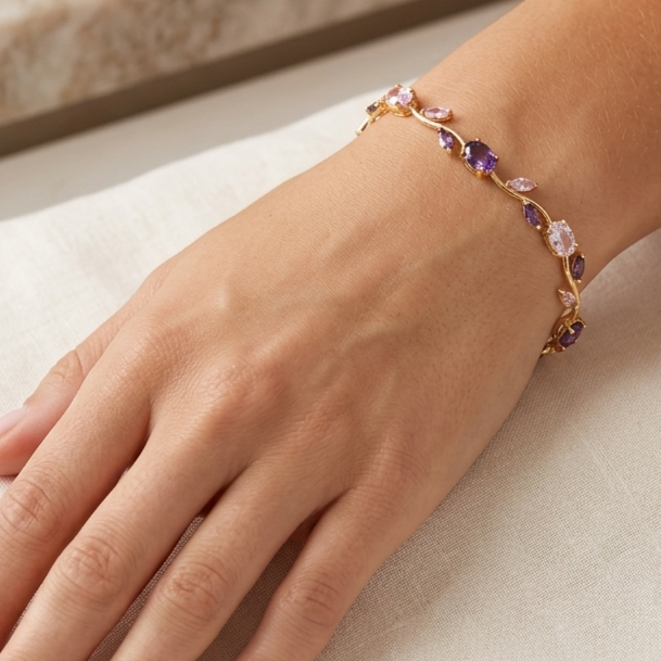 Gold-Toned Multicolor Stone & Leaf  Floral Tulip Bracelet