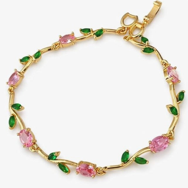 18k Gold Plated Floral Vine Bracelet with Crystals Green Leaves Floral Tulip Bracelet