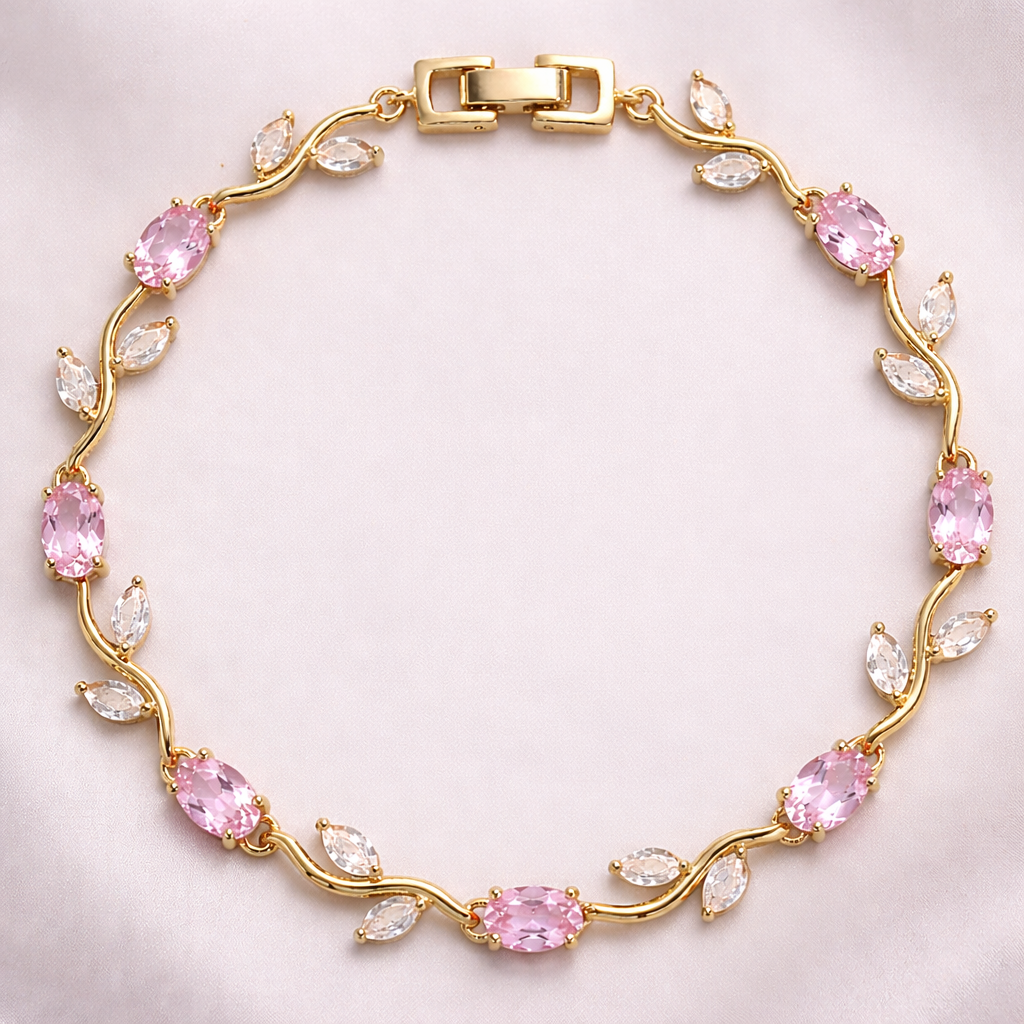 Gold-Toned Baby Pink Stone & White Leaf Floral Tulip Bracelet