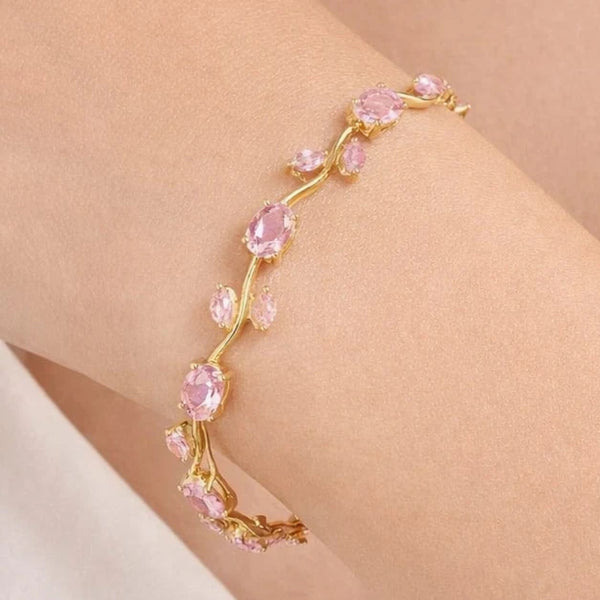 Gold-Toned Baby Pink Stone & White Leaf Floral Tulip Bracelet