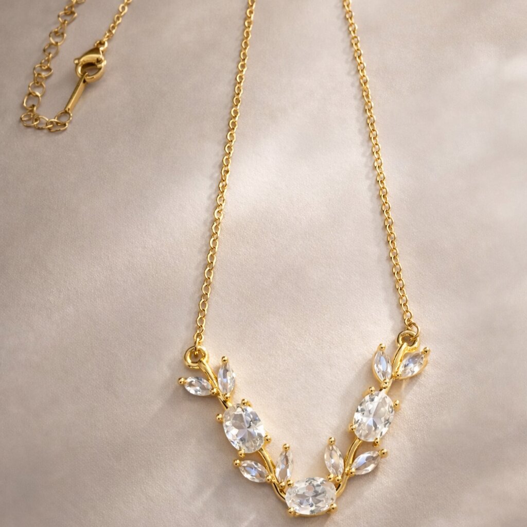 White Crystal Floral Vine Tulip Necklace