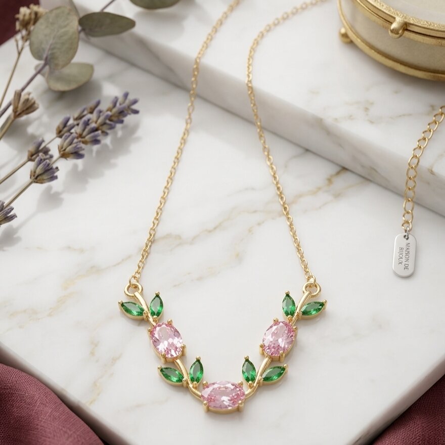 Baby Pink & Green Crystal Floral Vine Tulip Necklace