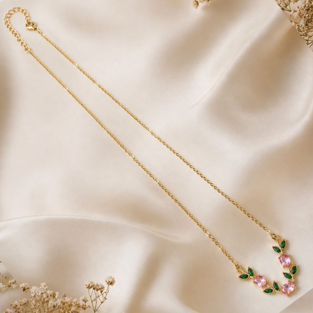 Baby Pink & Green Crystal Floral Vine Tulip Necklace