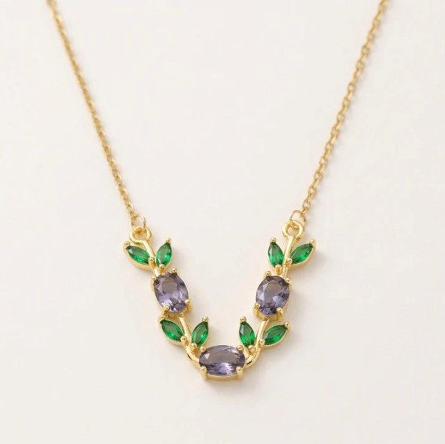 Purple & Green Crystal Floral Vine Tulip Necklace