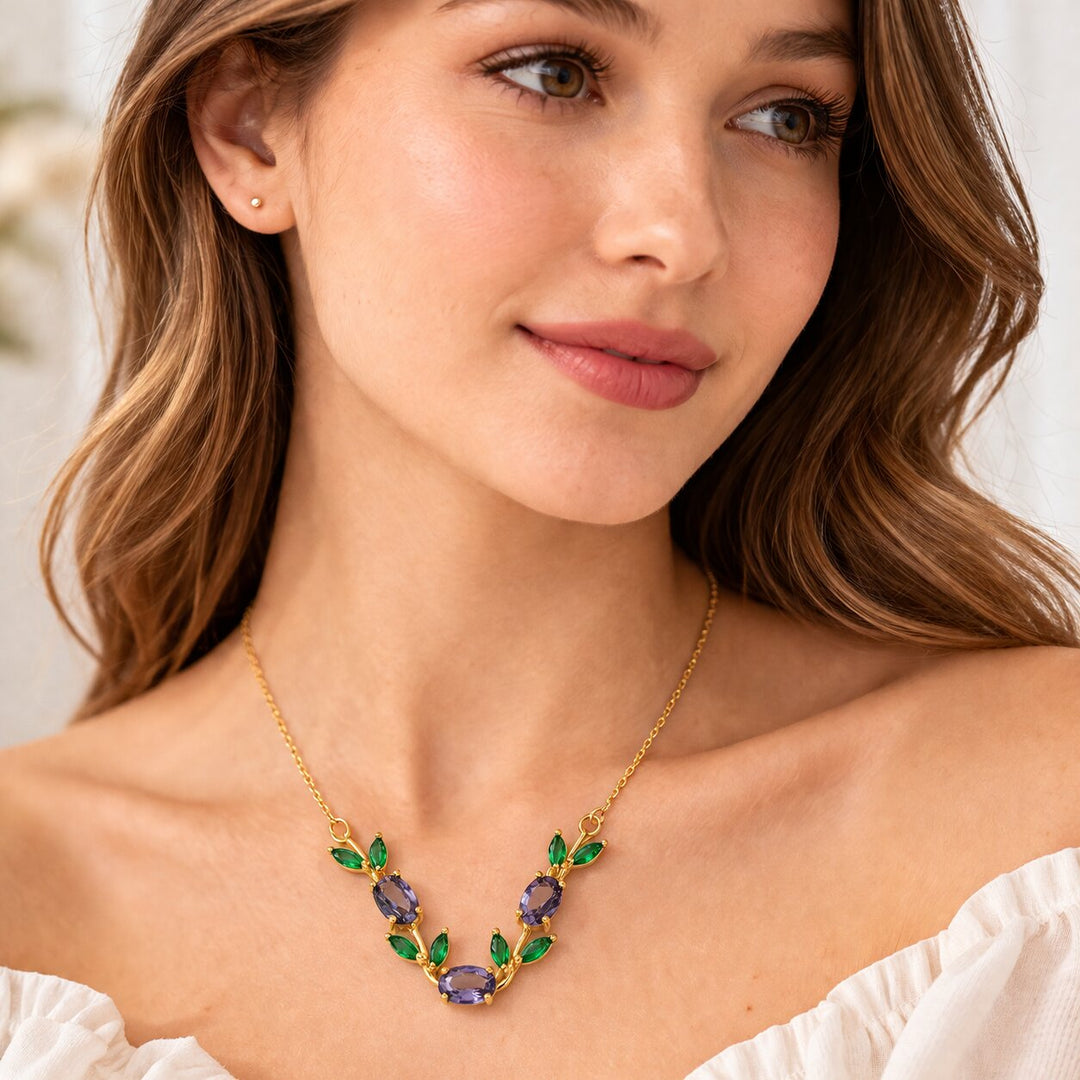 Purple & Green Crystal Floral Vine Tulip Necklace