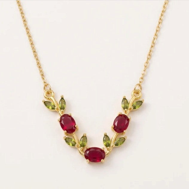 Maroon & Green Crystal Floral Vine Tulip Necklace