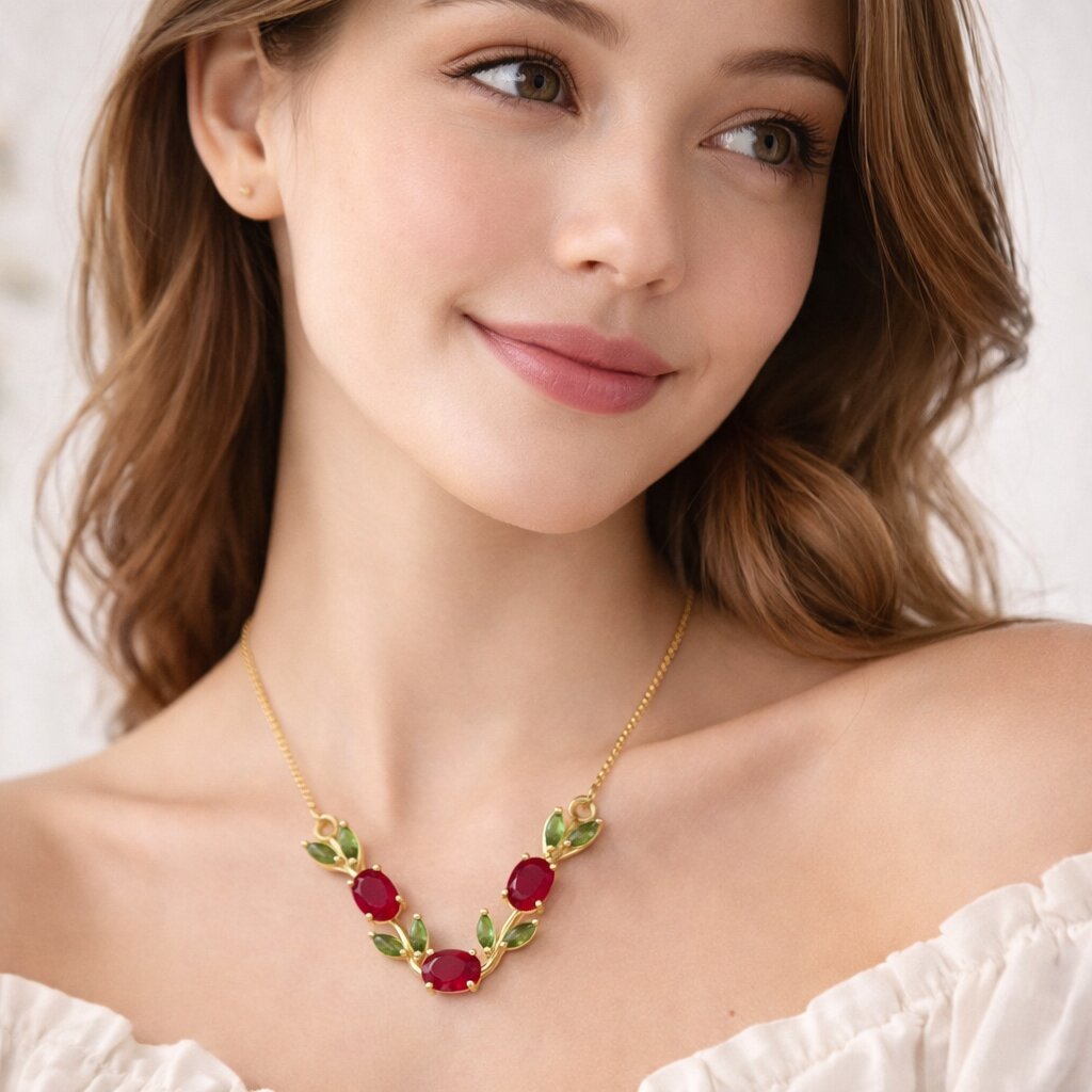 Maroon & Green Crystal Floral Vine Tulip Necklace