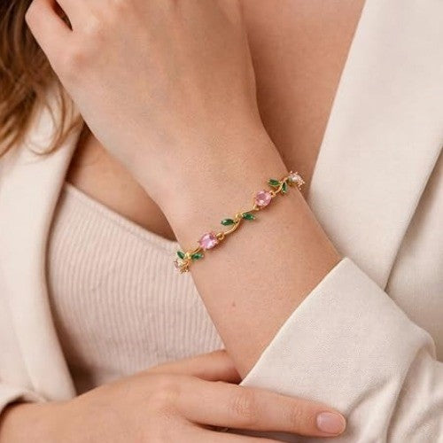 18k Gold Plated Floral Vine Bracelet with Crystals Green Leaves Floral Tulip Bracelet
