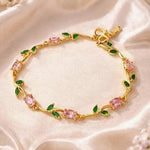 Load image into Gallery viewer, 18k Gold Plated Floral Vine Bracelet with Crystals Green Leaves Floral Tulip Bracelet
